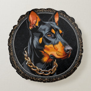 Cojín Redondo Perro Doberman en un marco circular ornamentado