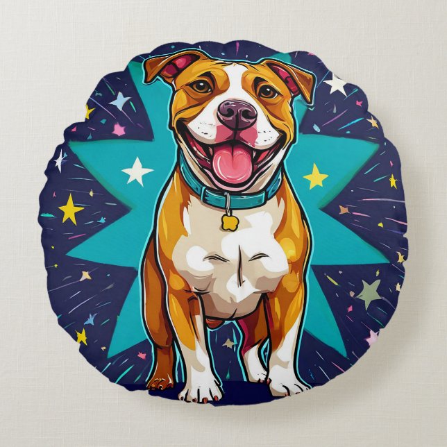Cojín Redondo Perro Feliz Con Fondo de Estrellas (Anverso)