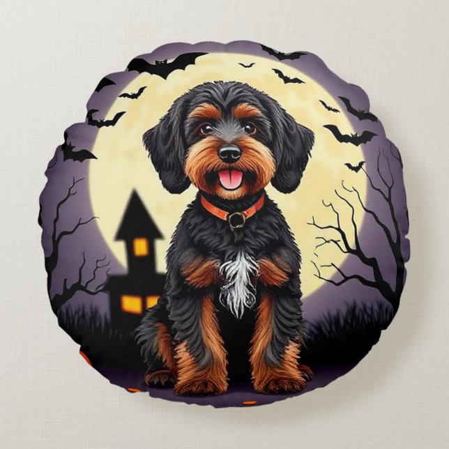 Cojín Redondo Perro Feliz con Tema de Halloween (Anverso)