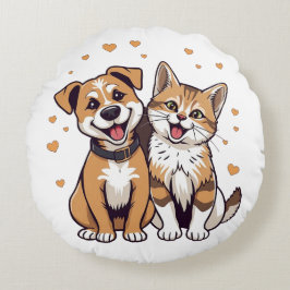 Cojín Redondo Perro feliz y gato con corazón