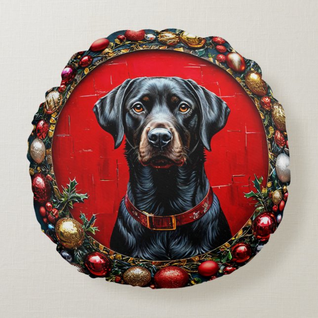 Cojín Redondo perro labrador de Navidad (Anverso)
