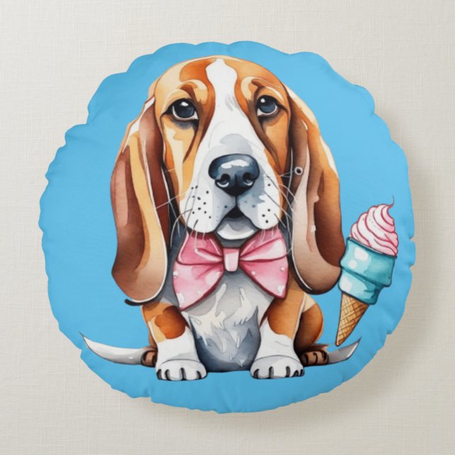 Cojín Redondo Perro lindo comiendo helado (Anverso)