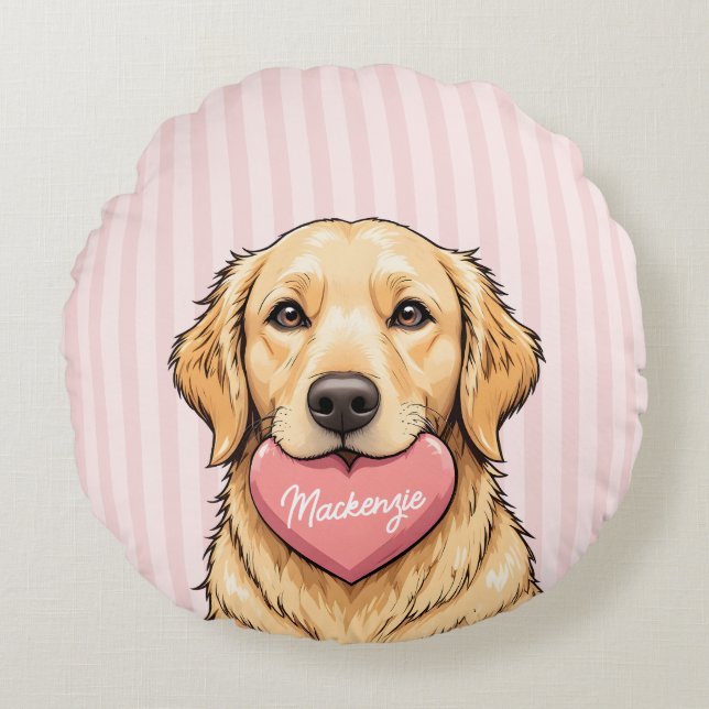 Cojín Redondo Perro Lindo Personalizado con Corazón Rosa (Anverso)