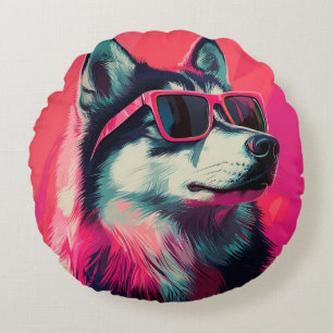 Cojín Redondo Perro lindo Siberian Husky con gafas de sol