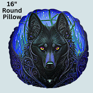 Cojín Redondo Perro Lobo Negro en Azul