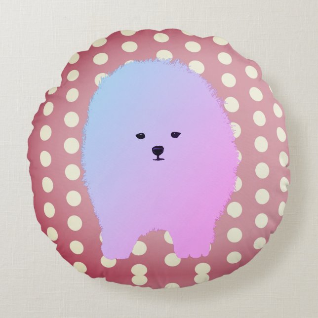 Cojín Redondo Perro, Mascota floffy de Pomerania suave (Anverso)