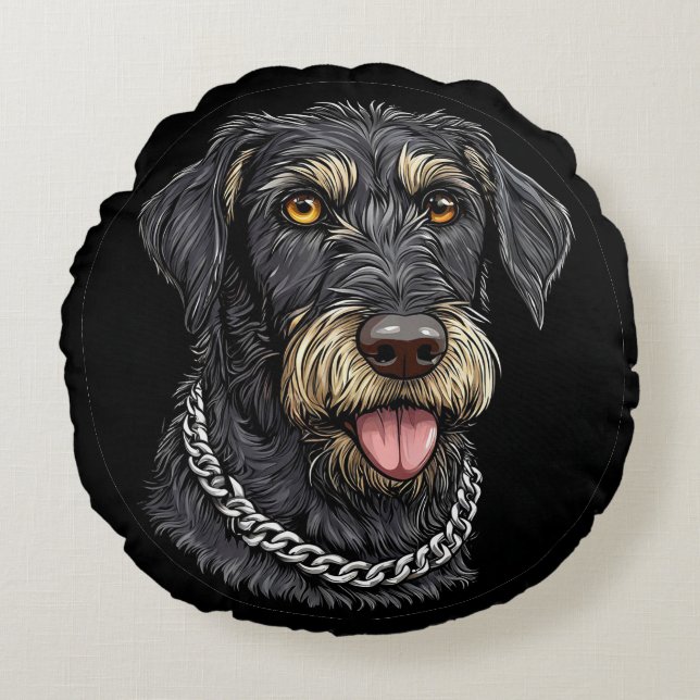 Cojín Redondo Perro Negro Con Collar de Cadena (Anverso)