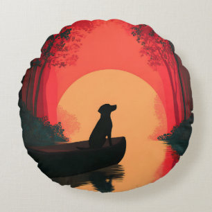 Cojín Redondo Perro negro de Labrador minimalista al atardecer