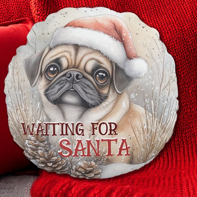 Cojín Redondo Perro Pug Esperando A La Acuarela De Los Navidades (Pug Dog Waiting For Santa Christmas Watercolor Custom Round Pillow; personalize the message)