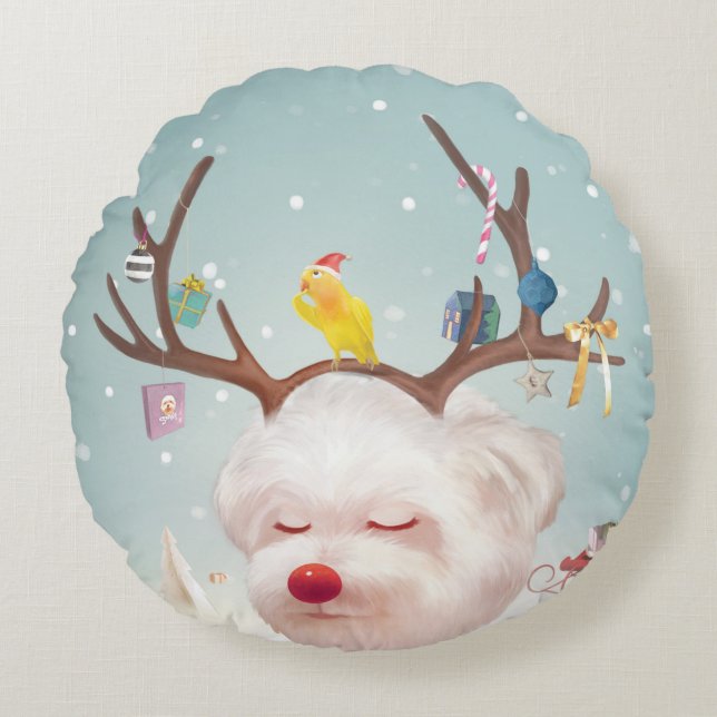 Cojín Redondo Perro reno con adornos navideños (Anverso)