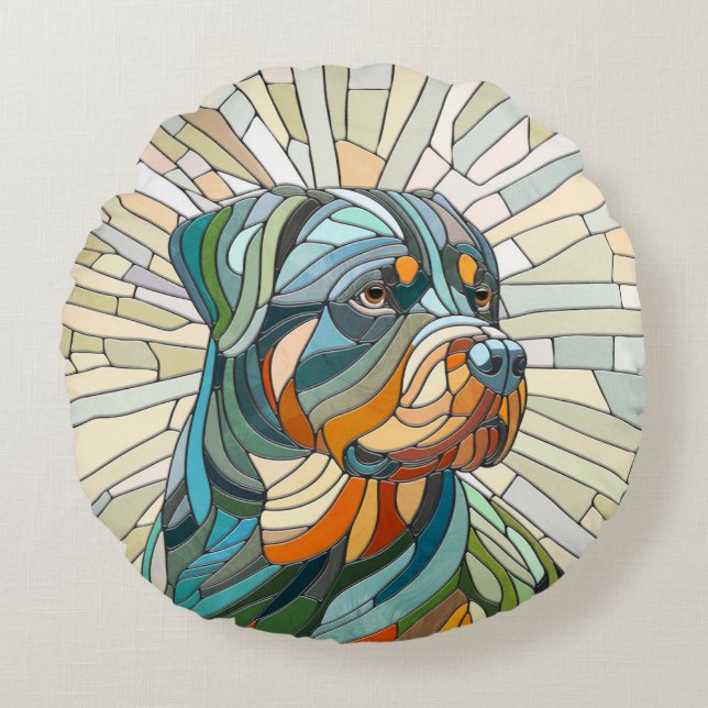 Cojín Redondo Perro Rottweiler - arte de mosaicos (Anverso)