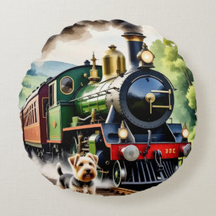 Cojín Redondo Perro saludando tren de vapor
