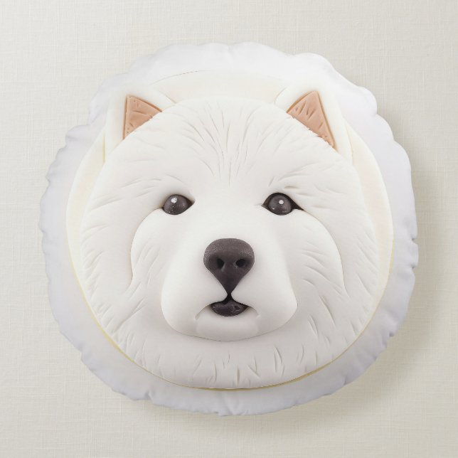 Cojín Redondo Perro Samoyed inspirado en 3D (Anverso)