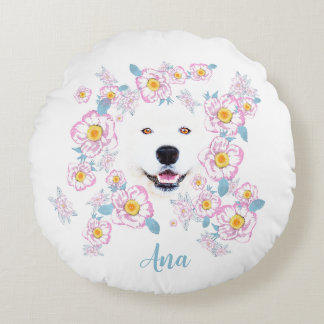 Cojín Redondo Perro Samoyed y flores rosadas, nombre personaliza