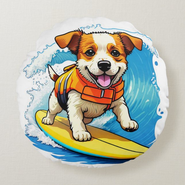 Cojín Redondo Perro Surfista (Anverso)