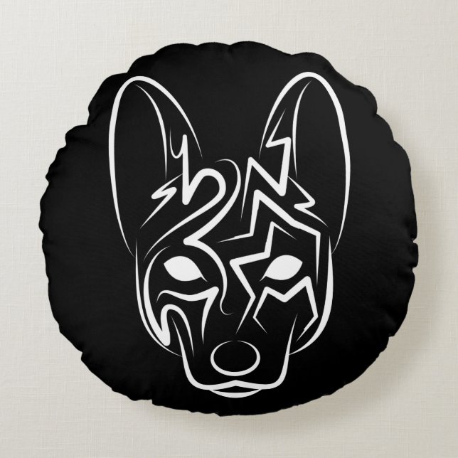 Cojín Redondo Perro tribal blanco y negro (Anverso)