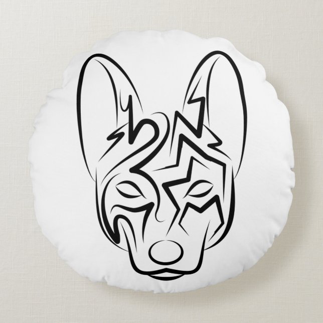 Cojín Redondo Perro tribal blanco y negro (Anverso)