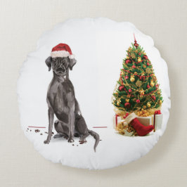 Cojín Redondo Perro y árbol graciosos de Black Lab Navidades