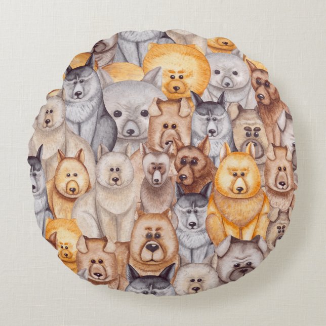 Cojín Redondo Perros acuarelas: diversión sin foco (Anverso)