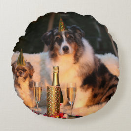 Cojín Redondo Perros celebrando Año Nuevo