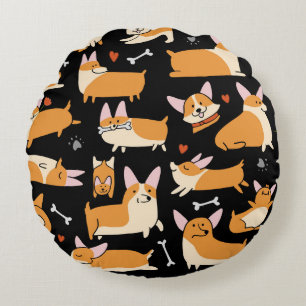 Cojín Redondo Perros De Corgi, Un Fondo Agradable.