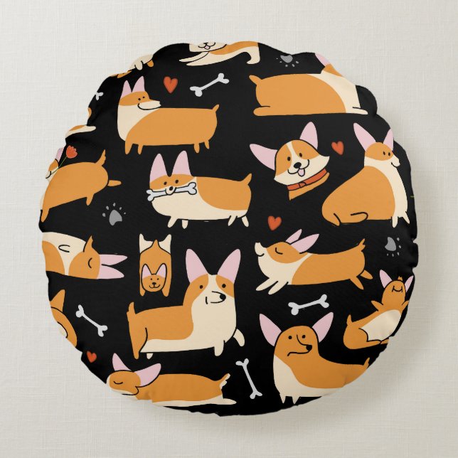 Cojín Redondo Perros De Corgi, Un Fondo Agradable. (Anverso)