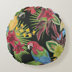 Cojín Redondo Perros, tropicales, acuarelas, patrón sin costuras