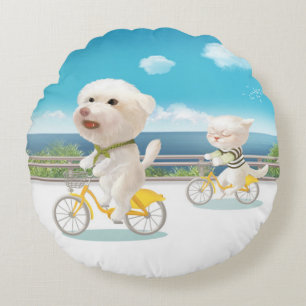 Cojín Redondo Perros y gatos en bicicleta junto al mar