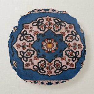 Cojín Redondo Persa Antiguo Azul, Patrón de Alfombra Turca