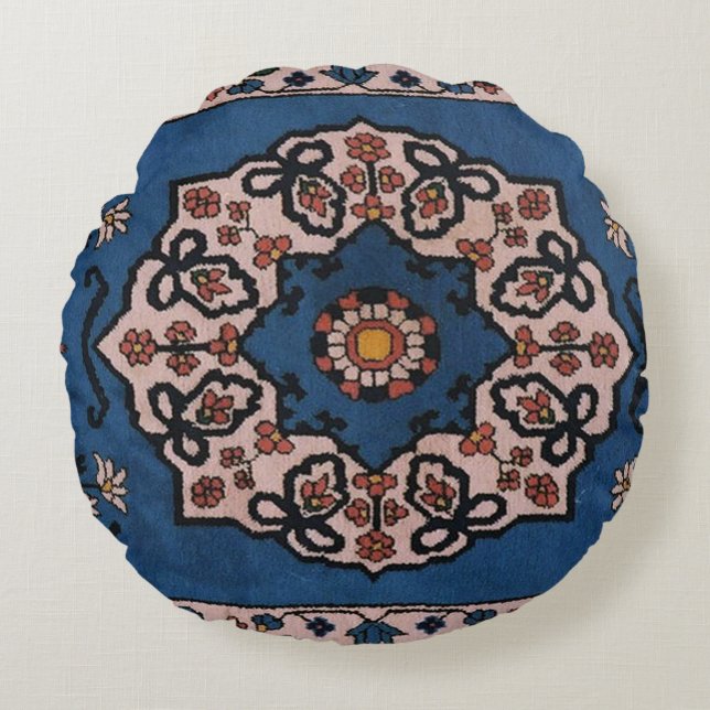 Cojín Redondo Persa Antiguo Azul, Patrón de Alfombra Turca (Anverso)