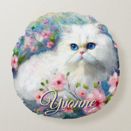 Cojín Redondo Persian Cat Blue Eyes in Pink Flowers Personalized