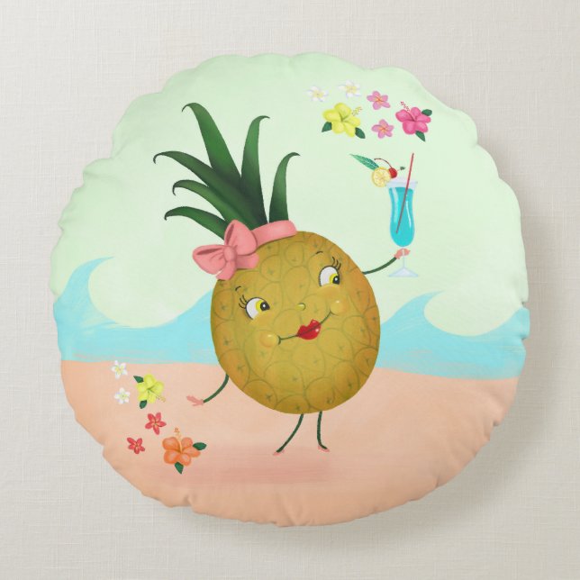 Cojín Redondo Personaje de piña en la playa (Anverso)