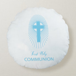 Cojín Redondo Personalice, Blue First Holy Communia Cross Host