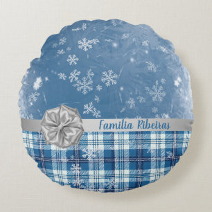 Cojín Redondo Personaliza Navidad Elegante Cuadriculado Azul