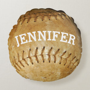 Cojín Redondo Personaliza Vintage Blanco Softbol Costura Blanca