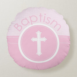 Cojín Redondo Personalizable, Rosa Bautizo de Niña Hija de Dios