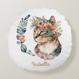 Cojín Redondo Personalizado Adorable acuarela Floral Boho Cat