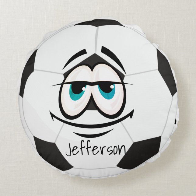 Cojín Redondo Personalizado Cara graciosa de bola de fútbol negr (Reverso)