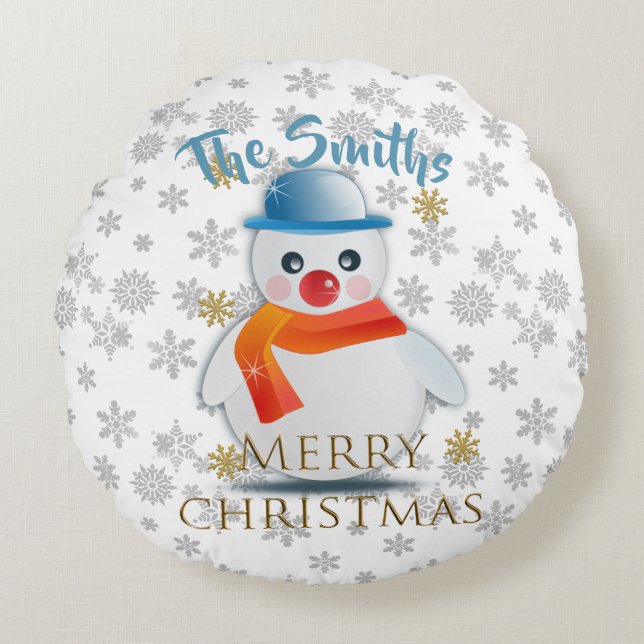 Cojín Redondo Personalizado Cute Snowman (Anverso)
