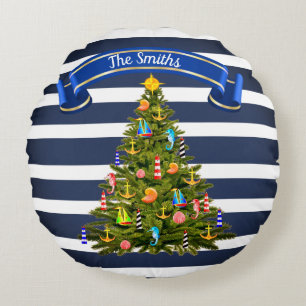 Cojín Redondo Personalizado de árbol de Navidad náutico