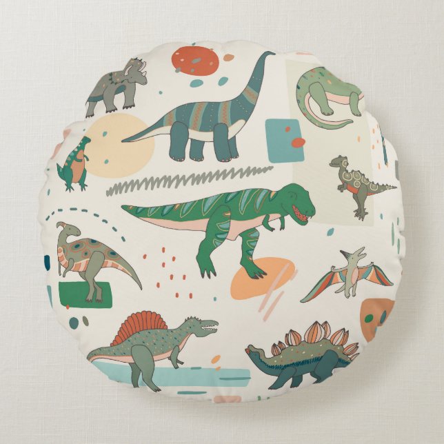 Cojín Redondo Personalizado de dinosaurios: ilustracion vintage. (Anverso)