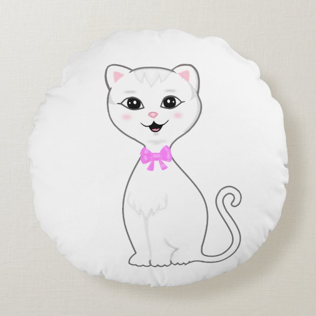 Cojín Redondo Personalizado de gato blanco inteligente (Anverso)