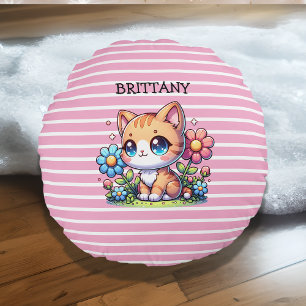 Cojín Redondo Personalizado el gato curado de Naranja Kitty en l