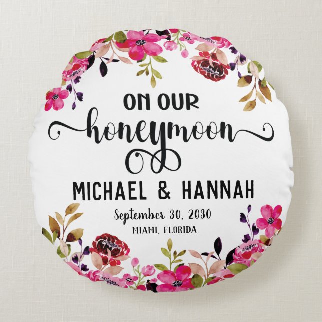 Cojín Redondo Personalizado Floral luna de miel Keepsake (Anverso)