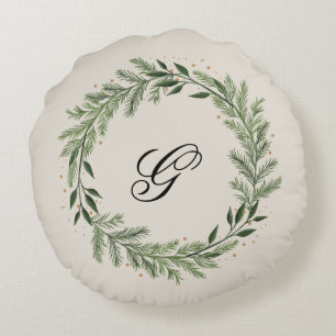 Cojín Redondo Personalizado Foto Monograma Pine Wreath Navidades