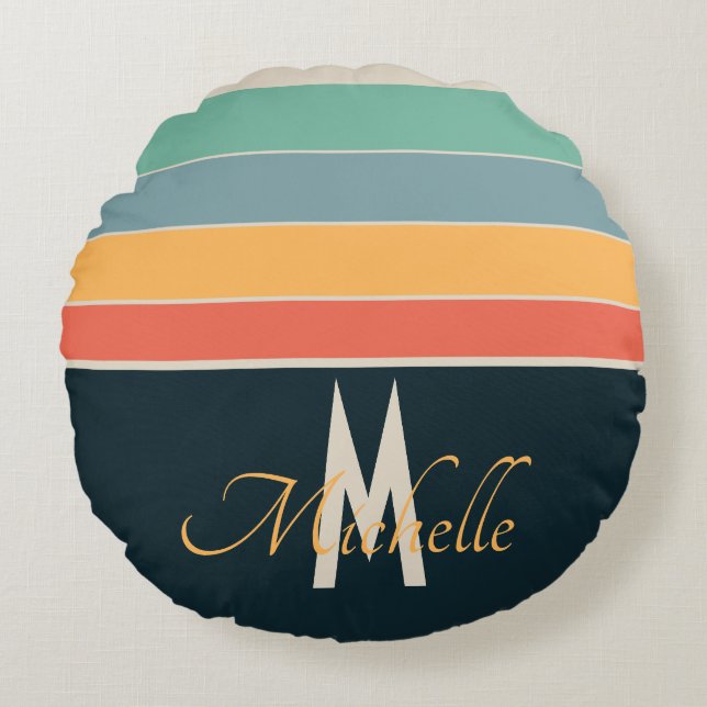 Cojín Redondo personalizado inicial de patrón de franja ventilad (Anverso)