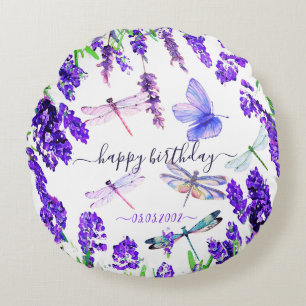Cojín Redondo Personalizado Lavender Dragonfly Shabby Chic Boho