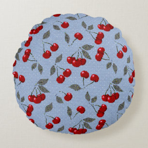 Cojín Redondo Personalizado linda cereza roja berry hojas verdes