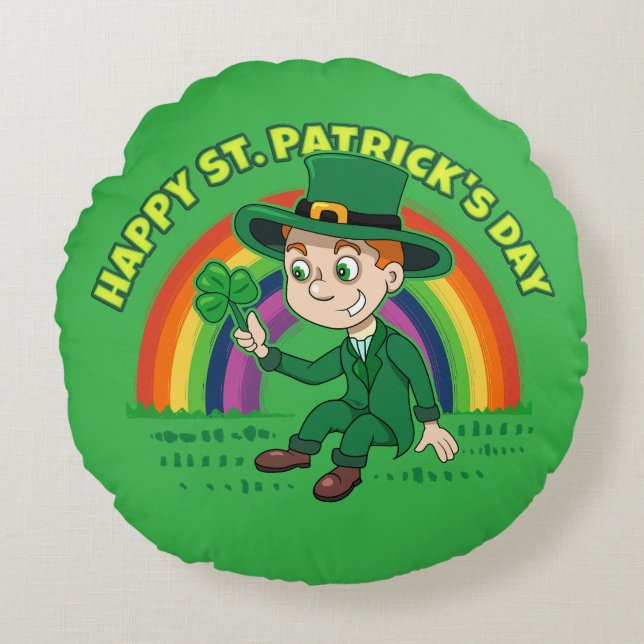 Cojín Redondo Personalizado lindo leprechaun con shamrock y arco (Anverso)