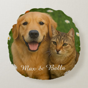 Cojín Redondo Personalizado Mascota Foto Cute Diseño Floral Para